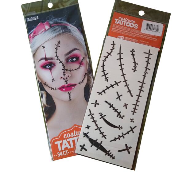 Lot of 11 Temporary Tattoos -4 Sleeves, 1 Glove, 6 Face Blood Stitches Halloween - Picture 7 of 8